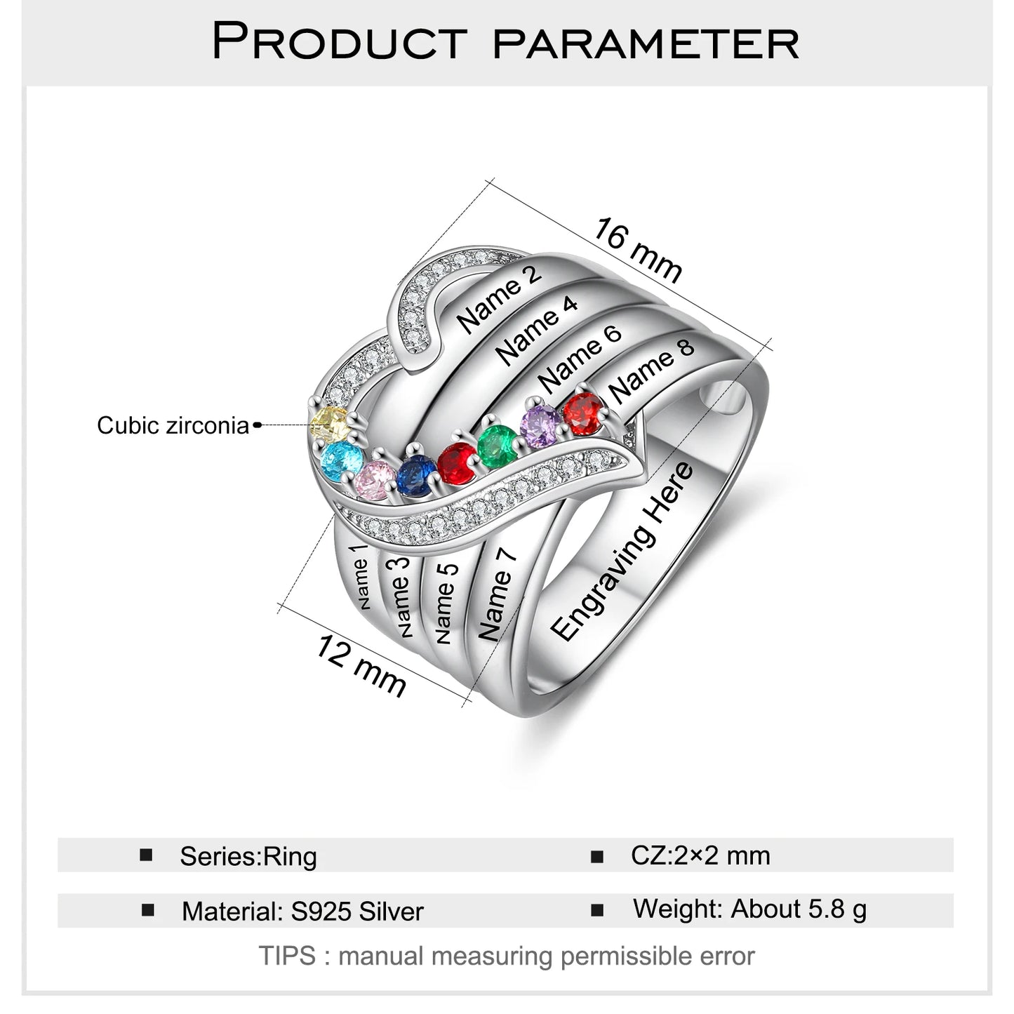 Custom Sterling Silver Personalized Ring with Birthstone