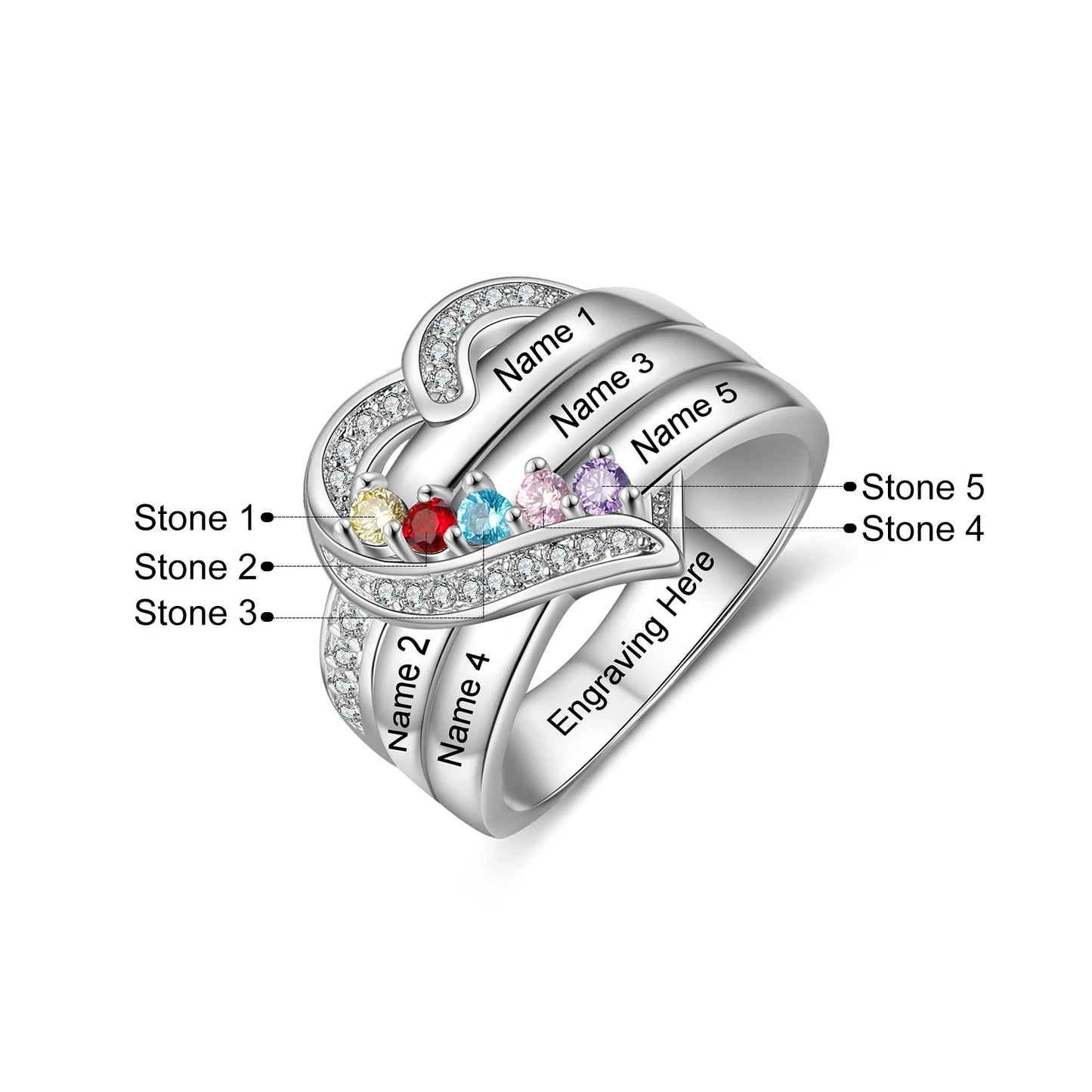 Custom Sterling Silver Personalized Ring with Birthstone