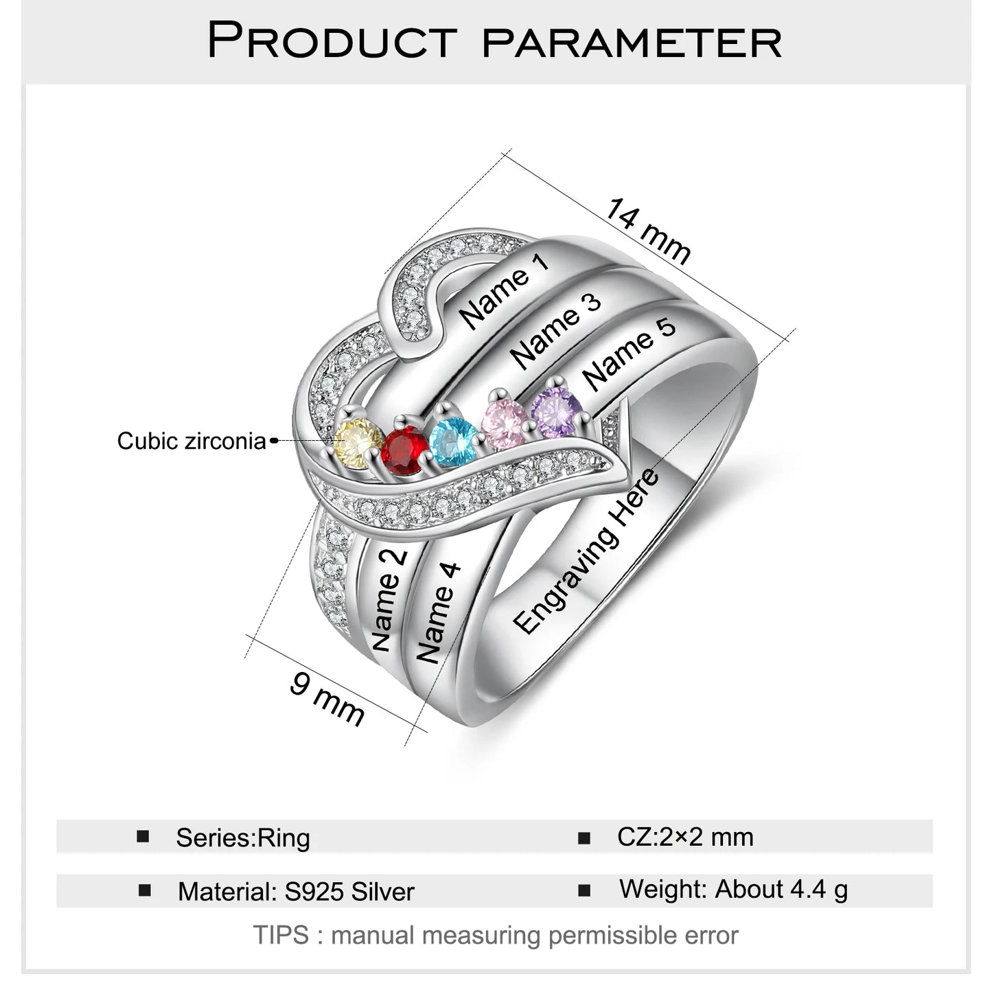 Custom Sterling Silver Personalized Ring with Birthstone