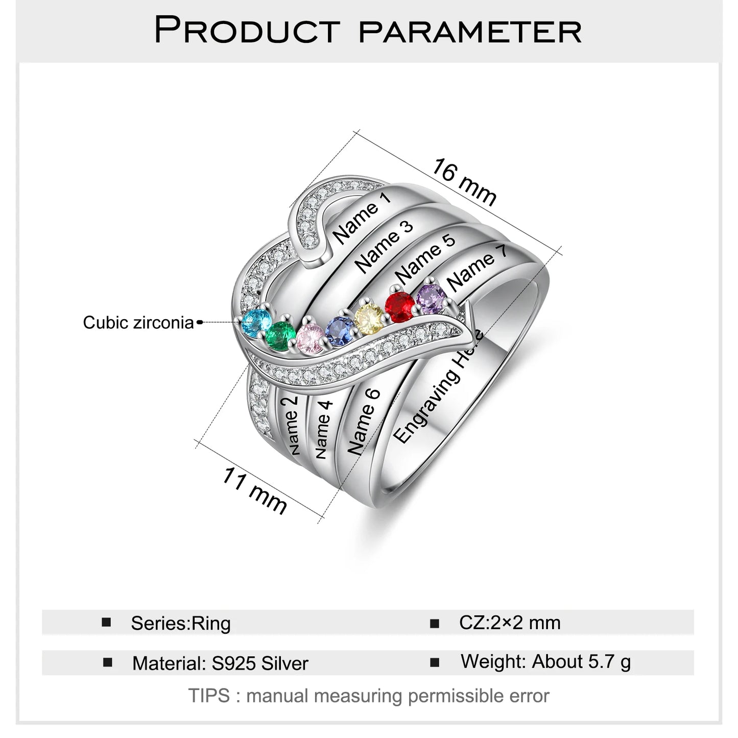 Custom Sterling Silver Personalized Ring with Birthstone